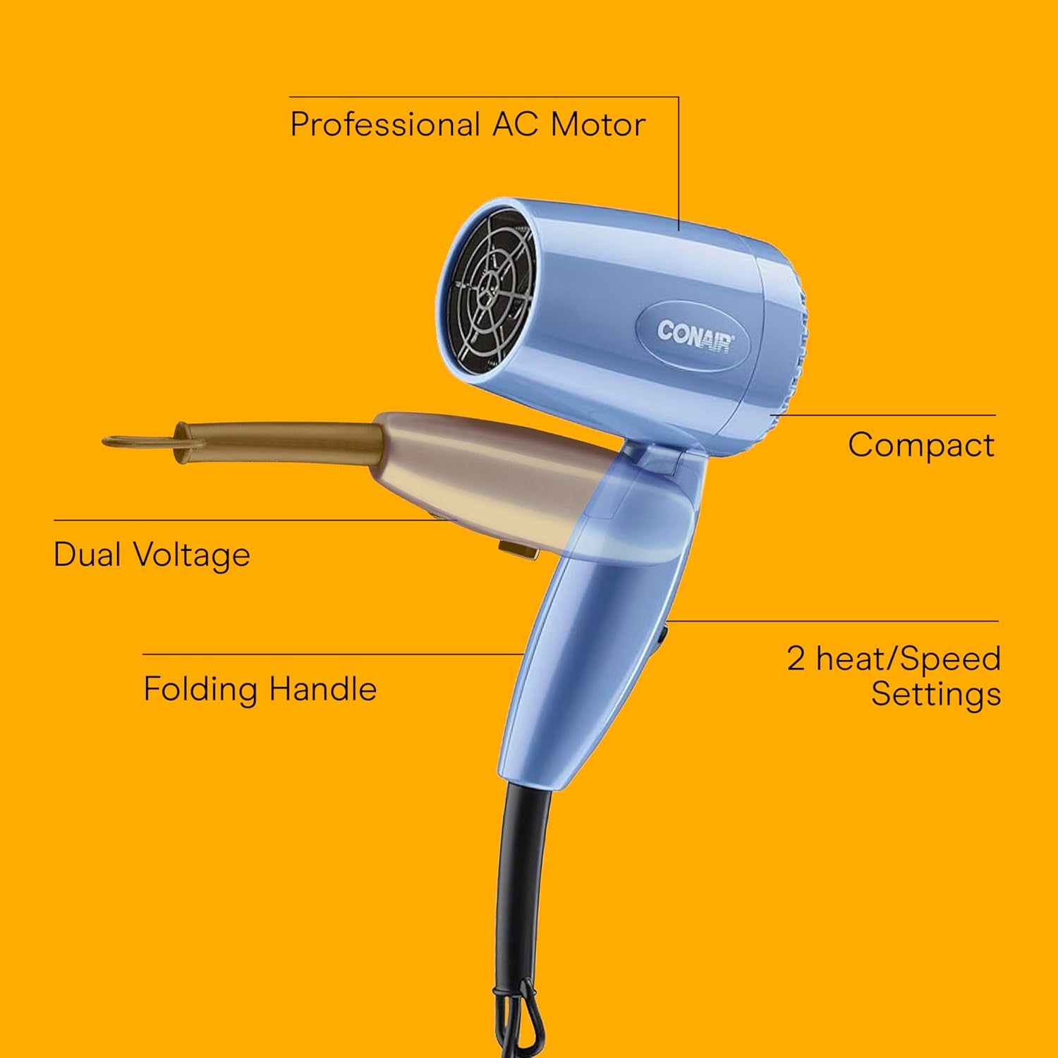 Travel Hair Dryer with Dual Voltage, 1600W Compact Blow Dryer with Folding Handle, Blue