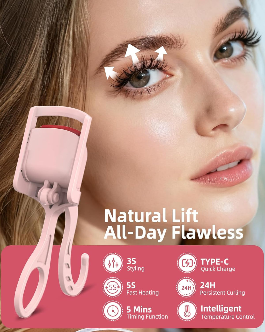 Heated Eyelash Curler, 5S Fast Heating Electric Eyelash Curler, Safe Anti-Scald Eyelash Curlers with Silicone Pad, Type-C Quick Charge, Intelligent Temp Control, 24H Long-Lasting Curls (Pink)