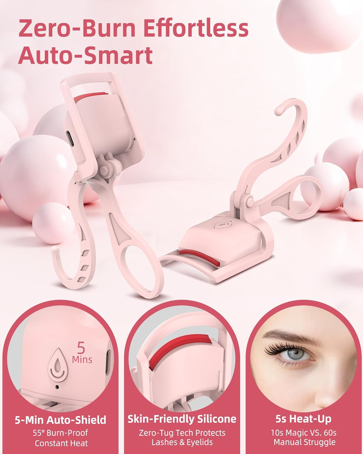 Heated Eyelash Curler, 5S Fast Heating Electric Eyelash Curler, Safe Anti-Scald Eyelash Curlers with Silicone Pad, Type-C Quick Charge, Intelligent Temp Control, 24H Long-Lasting Curls (Pink)