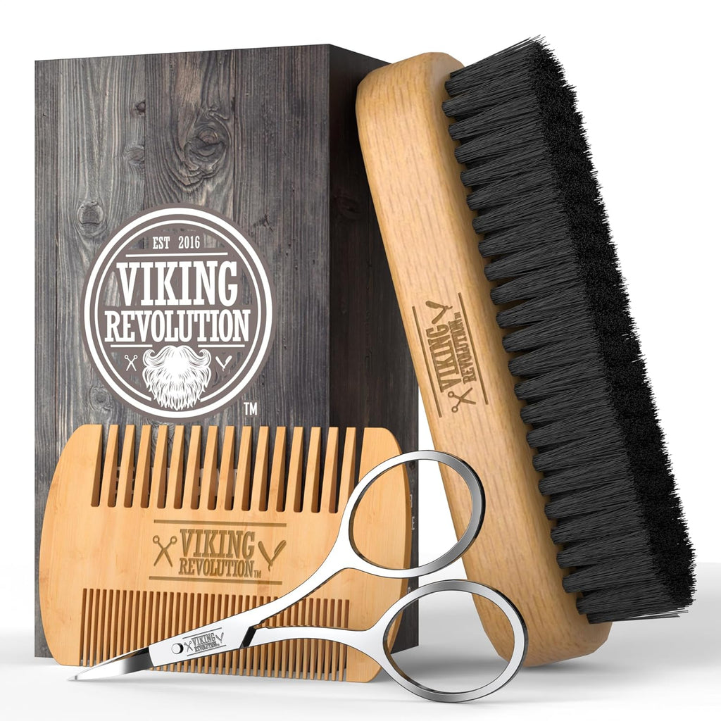 Beard Comb & Beard Brush Set for Men -- Natural Boar Bristle Brush and Dual Action Pear Wood Comb W/Velvet Travel Pouch - Great for Grooming Beards and Mustaches