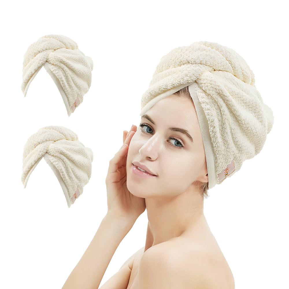2 Pack Microfiber Hair Towel Wrap,Hair Drying Towel with Button, Towel Turban,Head Towel to Dry Hair Quickly (Pink&Beige)