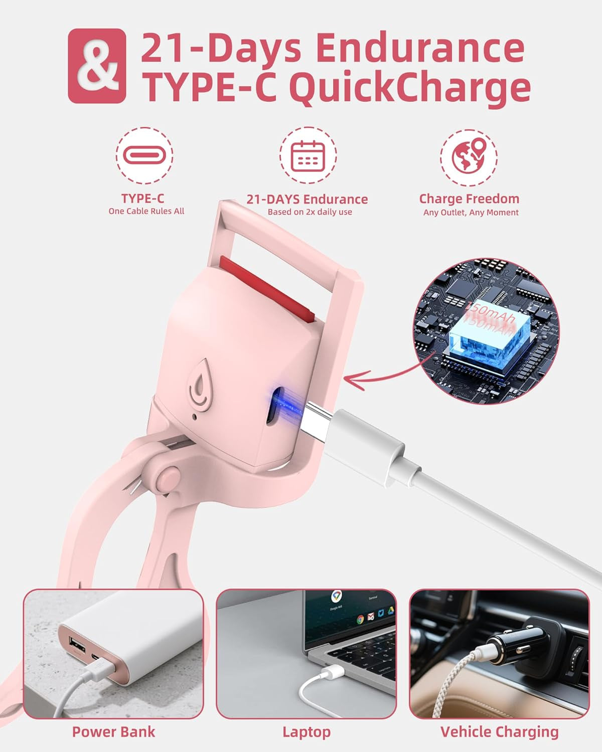 Heated Eyelash Curler, 5S Fast Heating Electric Eyelash Curler, Safe Anti-Scald Eyelash Curlers with Silicone Pad, Type-C Quick Charge, Intelligent Temp Control, 24H Long-Lasting Curls (Pink)