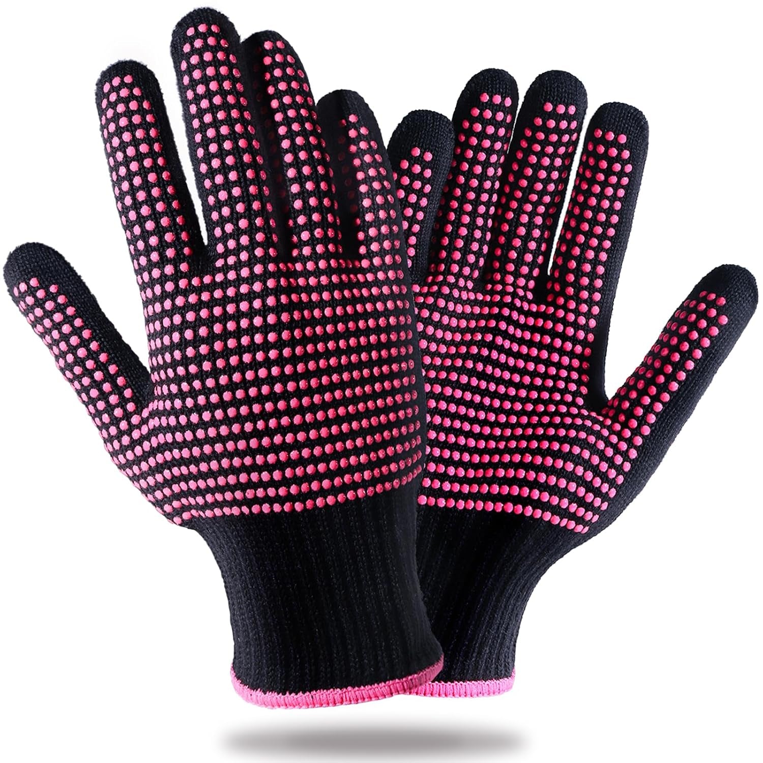 2 Pcs Heat Resistant Gloves with Silicone Bumps, Professional Heat Proof Glove Mitts for Hair Styling Curling Iron Wand Flat Iron Hot-Air Brushes Sublimation Gloves Rose Red