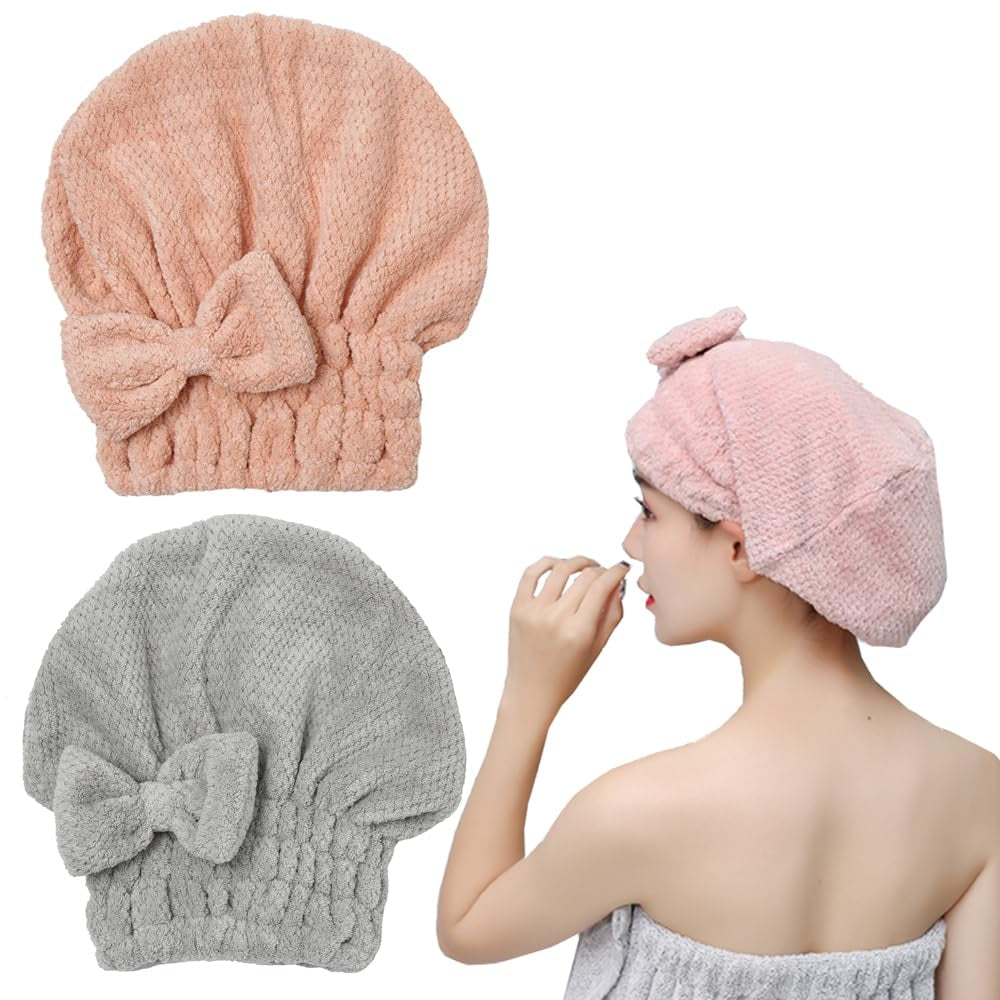 2 Pack Microfiber Hair Towel Wrap,Hair Drying Towel with Button, Towel Turban,Head Towel to Dry Hair Quickly (Pink&Beige)