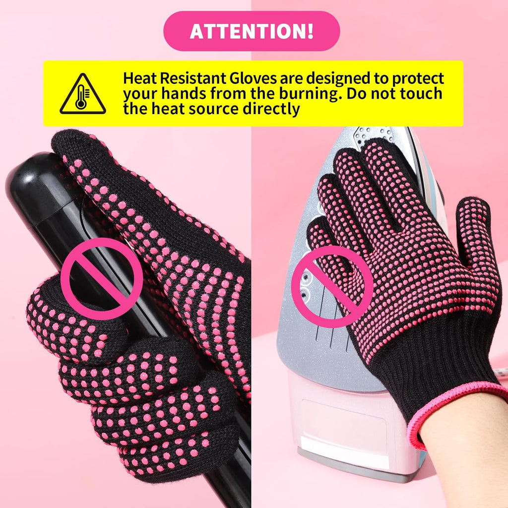 2 Pcs Heat Resistant Gloves with Silicone Bumps, Professional Heat Proof Glove Mitts for Hair Styling Curling Iron Wand Flat Iron Hot-Air Brushes Sublimation Gloves Rose Red