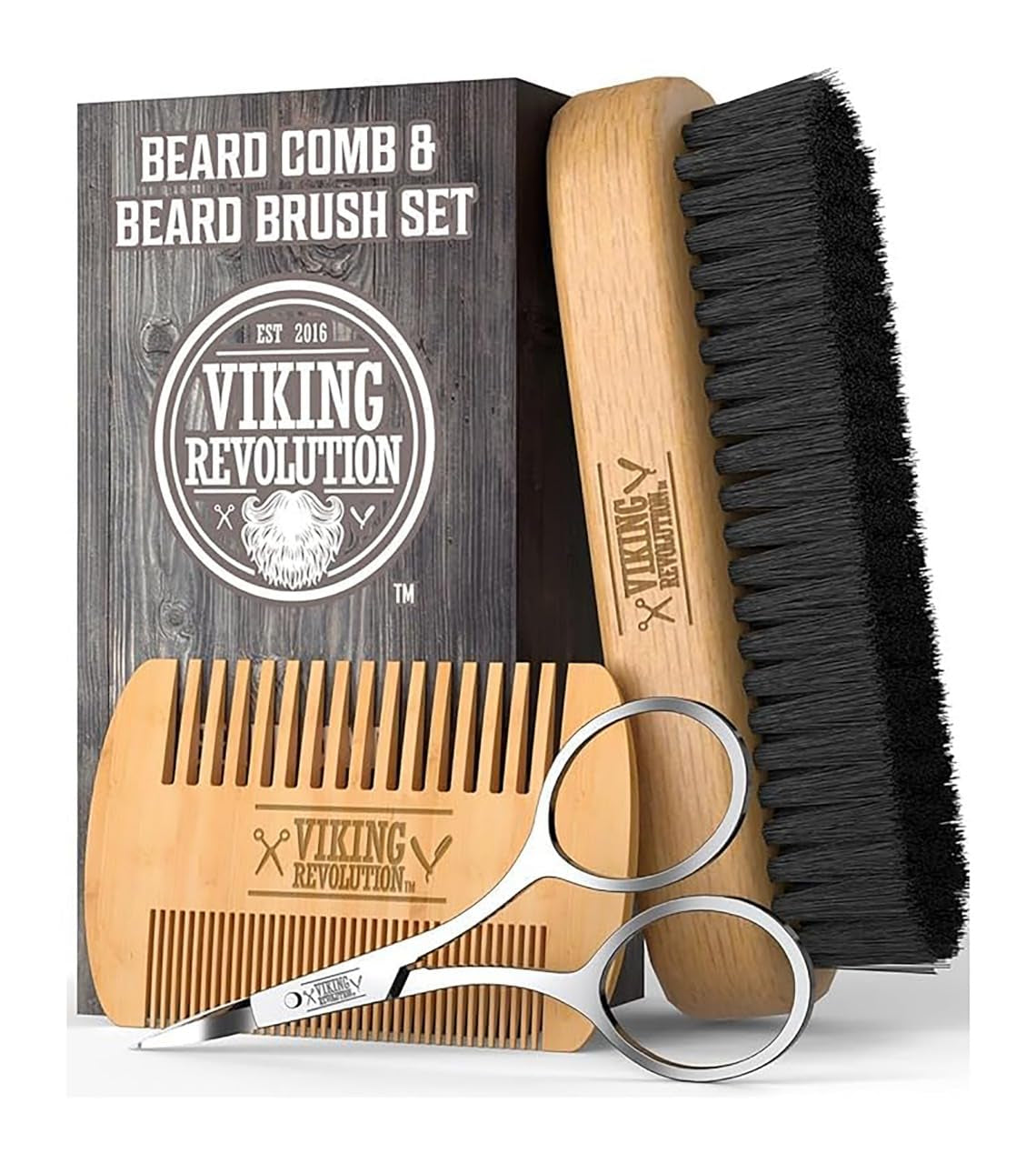 Beard Comb & Beard Brush Set for Men -- Natural Boar Bristle Brush and Dual Action Pear Wood Comb W/Velvet Travel Pouch - Great for Grooming Beards and Mustaches