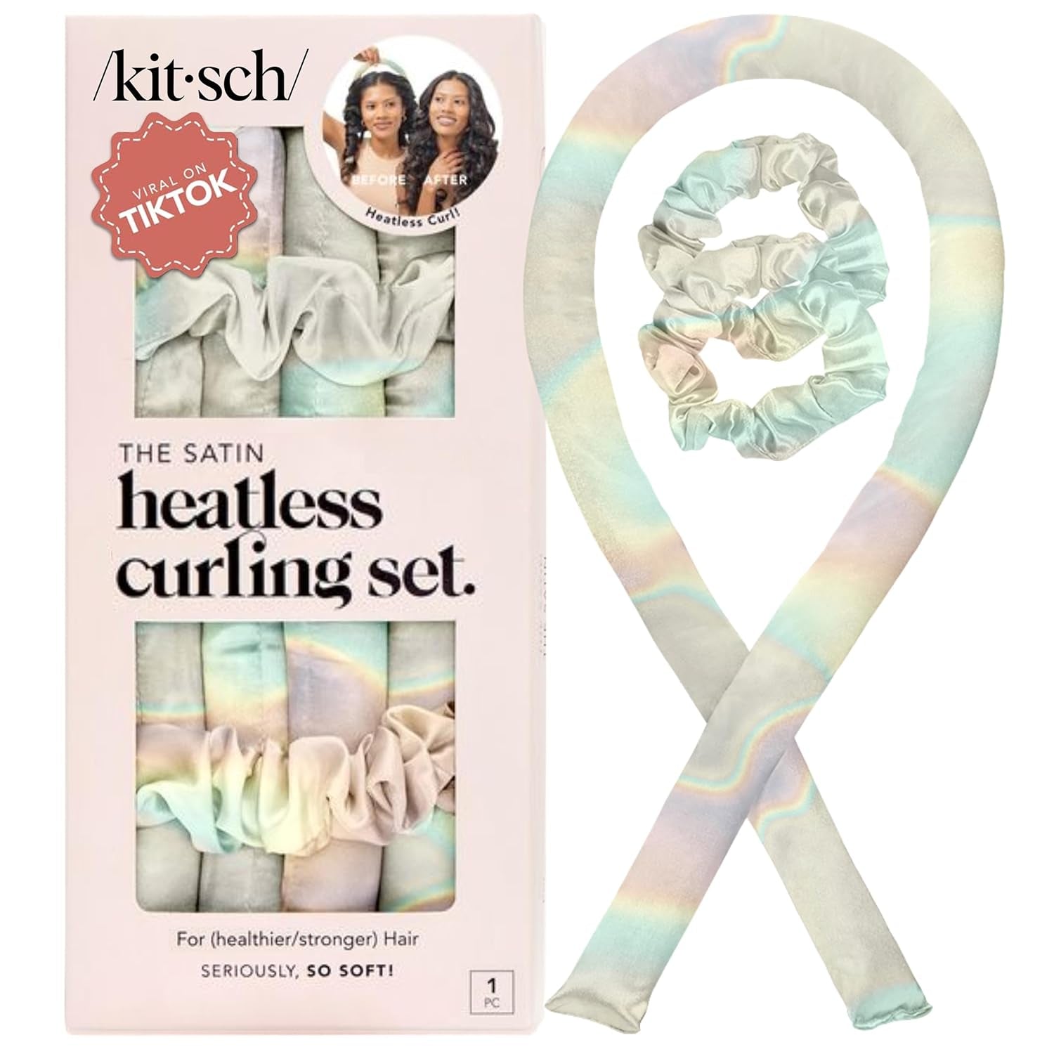 Satin Heatless Curling Set – Heatless Curls Overnight with 34" Hair Curler & 2 Satin Scrunchies – Comfortable Hair Curlers to Sleep in for Frizz-Free, No Heat Damage Styling - Sunset Tie Dye