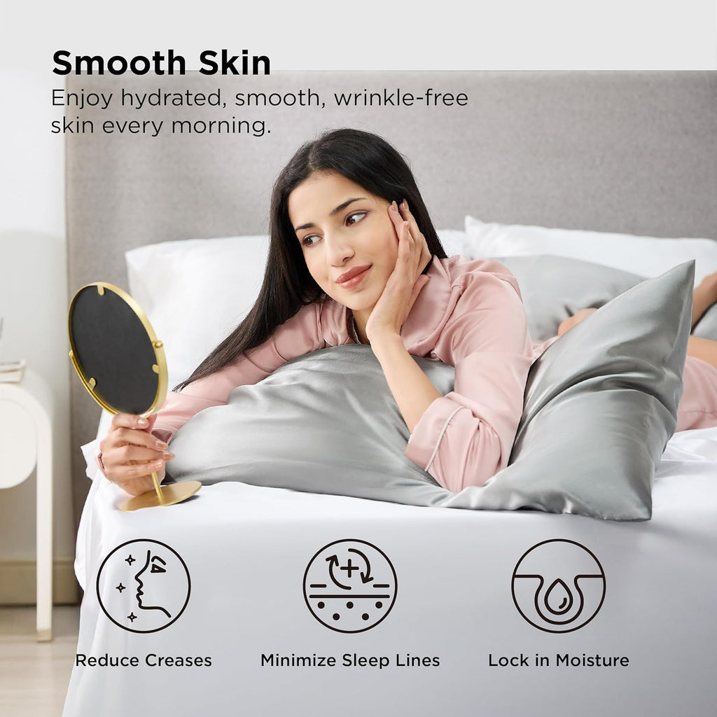 Satin Pillowcase, Similar to Silk Pillow Cases Queen Size Set of 2, Cooling Pillow Case with Envelope Closure, Christmas Room Decor Gifts for Women Men, Silver Grey, 20X30 Inches, 2Pcs