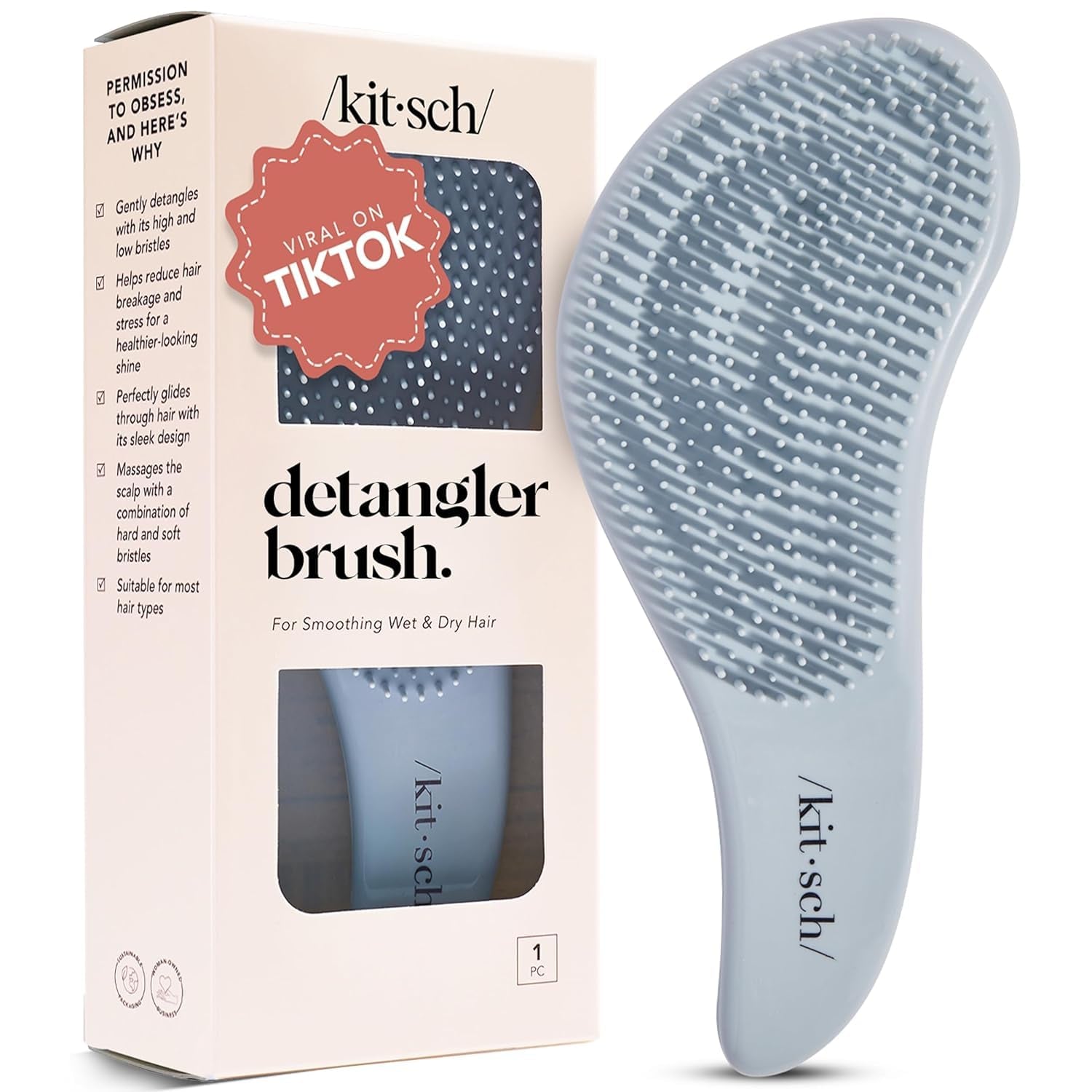 Detangler Brush – Gentle Curly Hair Brush with Flexible Bristles for All Hair Types - Wet or Dry | Detangling Hair Brushes for Women & Men, Adults & Kids - Haze Blue
