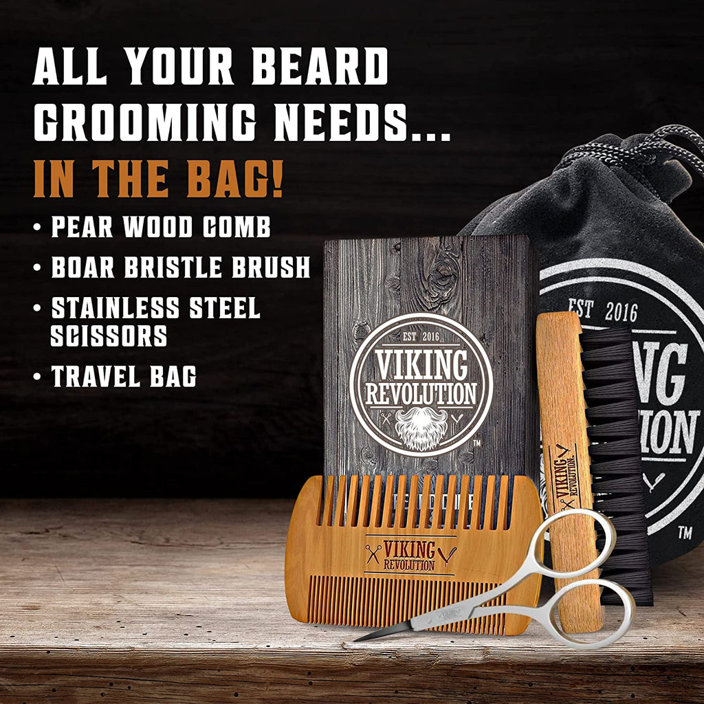 Beard Comb & Beard Brush Set for Men -- Natural Boar Bristle Brush and Dual Action Pear Wood Comb W/Velvet Travel Pouch - Great for Grooming Beards and Mustaches