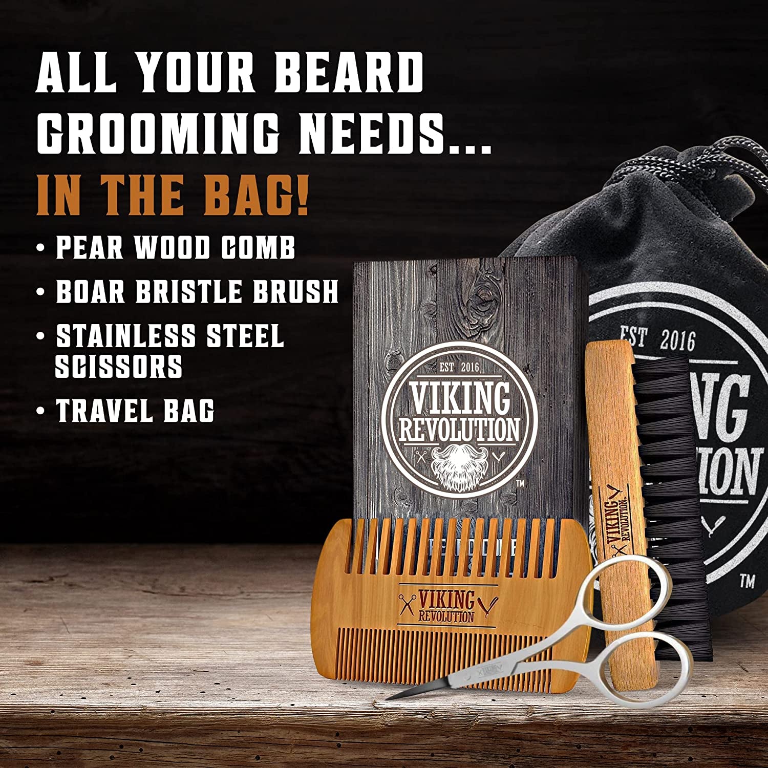 Beard Comb & Beard Brush Set for Men -- Natural Boar Bristle Brush and Dual Action Pear Wood Comb W/Velvet Travel Pouch - Great for Grooming Beards and Mustaches