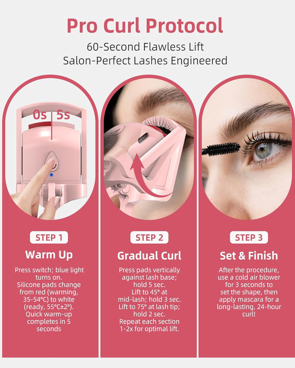 Heated Eyelash Curler, 5S Fast Heating Electric Eyelash Curler, Safe Anti-Scald Eyelash Curlers with Silicone Pad, Type-C Quick Charge, Intelligent Temp Control, 24H Long-Lasting Curls (Pink)
