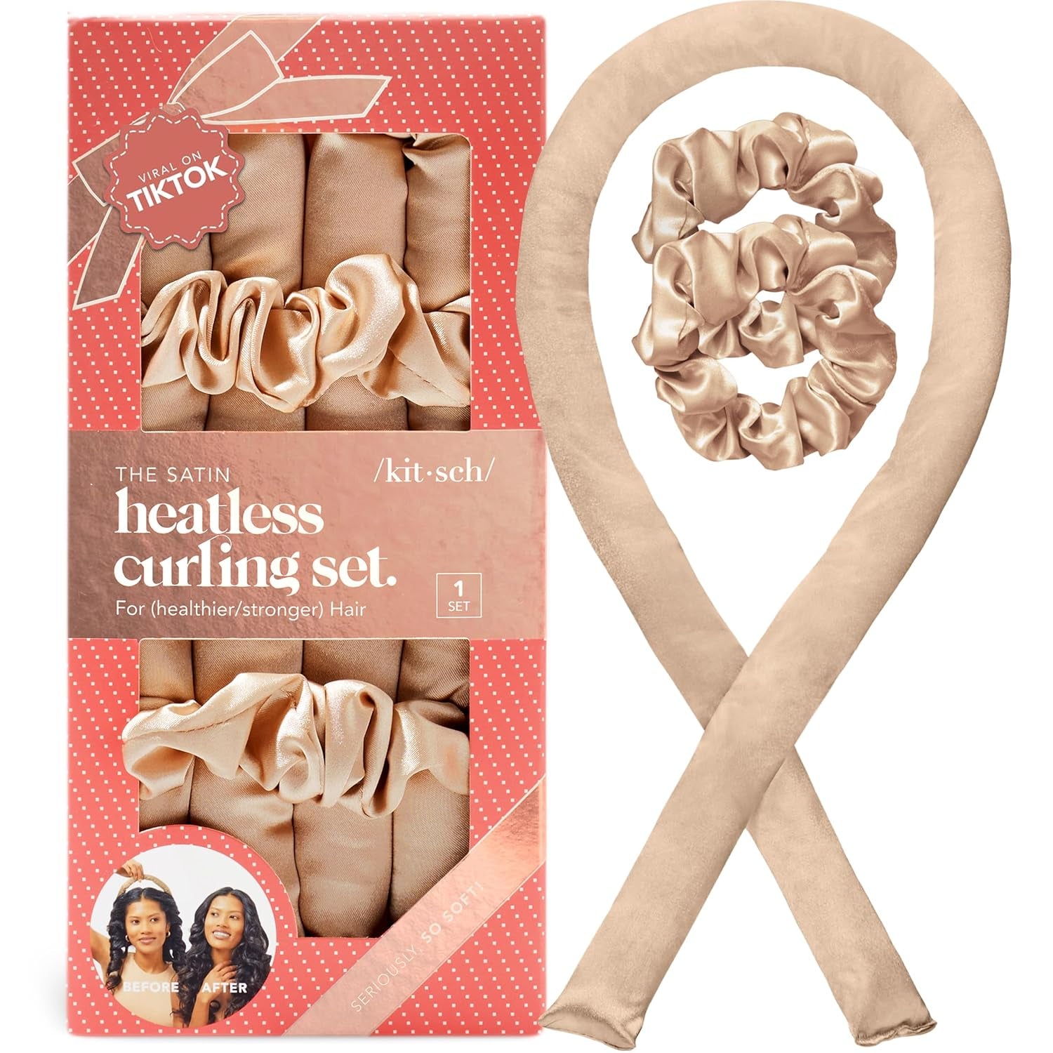 Satin Heatless Curling Set – Heatless Curls Overnight with 34" Hair Curler & 2 Satin Scrunchies – Comfortable Hair Curlers to Sleep in for Frizz-Free, No Heat Damage Styling - Sunset Tie Dye