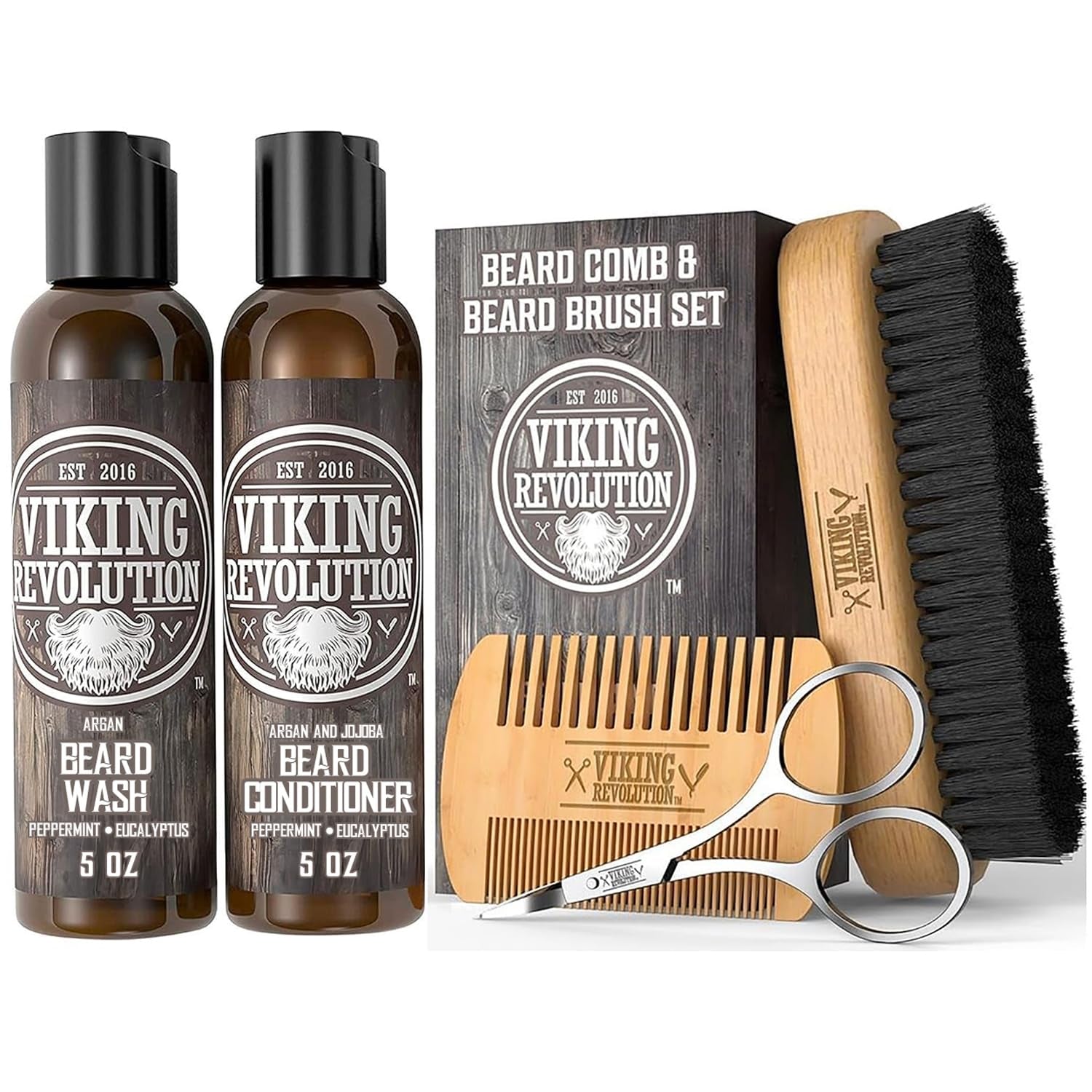 Beard Comb & Beard Brush Set for Men -- Natural Boar Bristle Brush and Dual Action Pear Wood Comb W/Velvet Travel Pouch - Great for Grooming Beards and Mustaches