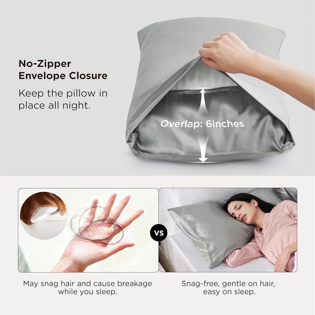 Satin Pillowcase, Similar to Silk Pillow Cases Queen Size Set of 2, Cooling Pillow Case with Envelope Closure, Christmas Room Decor Gifts for Women Men, Silver Grey, 20X30 Inches, 2Pcs