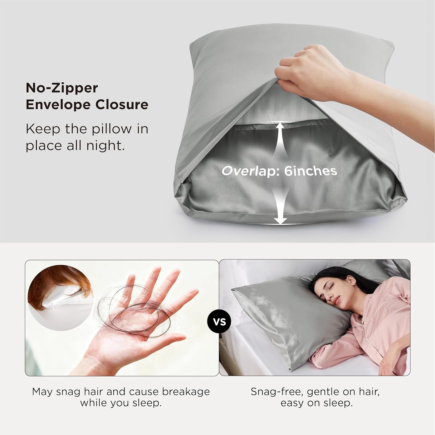 Satin Pillowcase, Similar to Silk Pillow Cases Queen Size Set of 2, Cooling Pillow Case with Envelope Closure, Christmas Room Decor Gifts for Women Men, Silver Grey, 20X30 Inches, 2Pcs