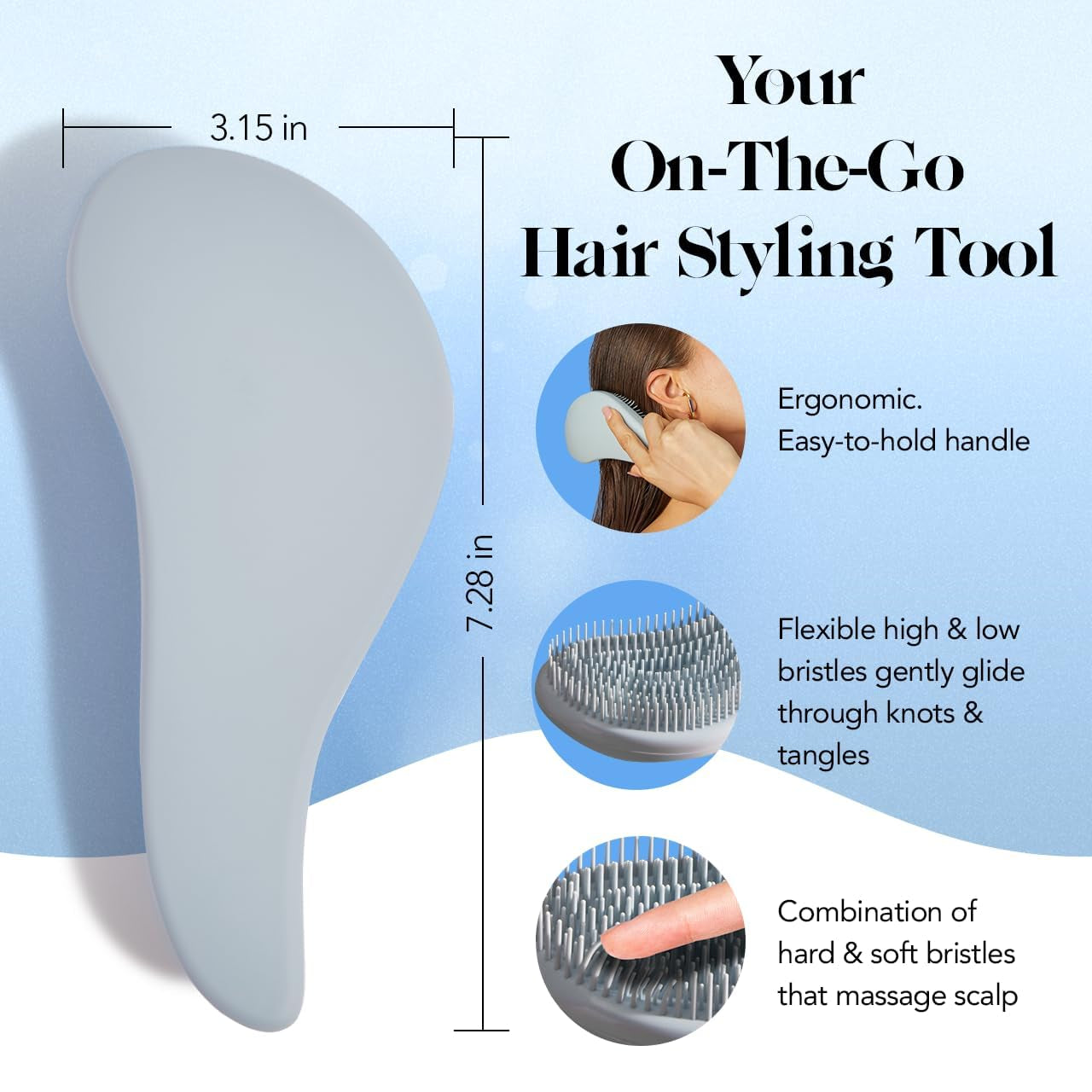 Detangler Brush – Gentle Curly Hair Brush with Flexible Bristles for All Hair Types - Wet or Dry | Detangling Hair Brushes for Women & Men, Adults & Kids - Haze Blue