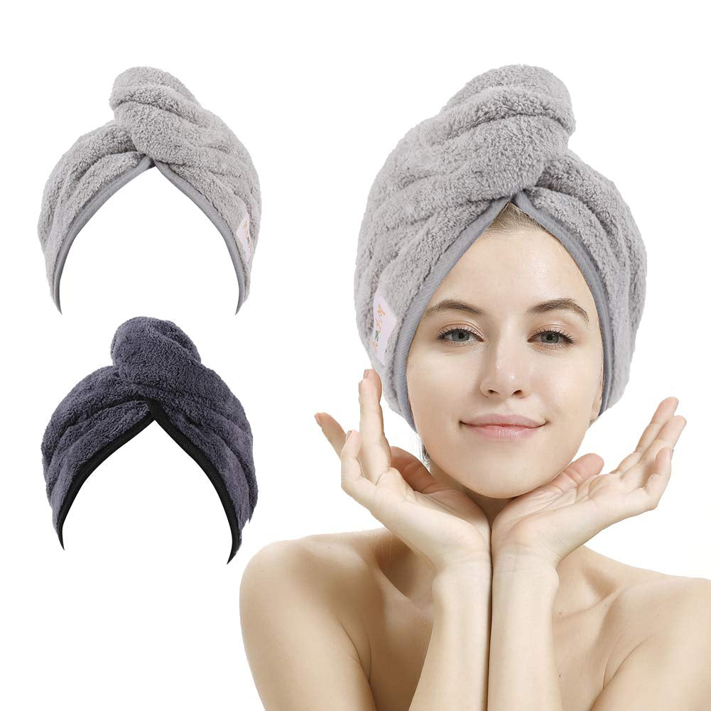 2 Pack Microfiber Hair Towel Wrap,Hair Drying Towel with Button, Towel Turban,Head Towel to Dry Hair Quickly (Pink&Beige)