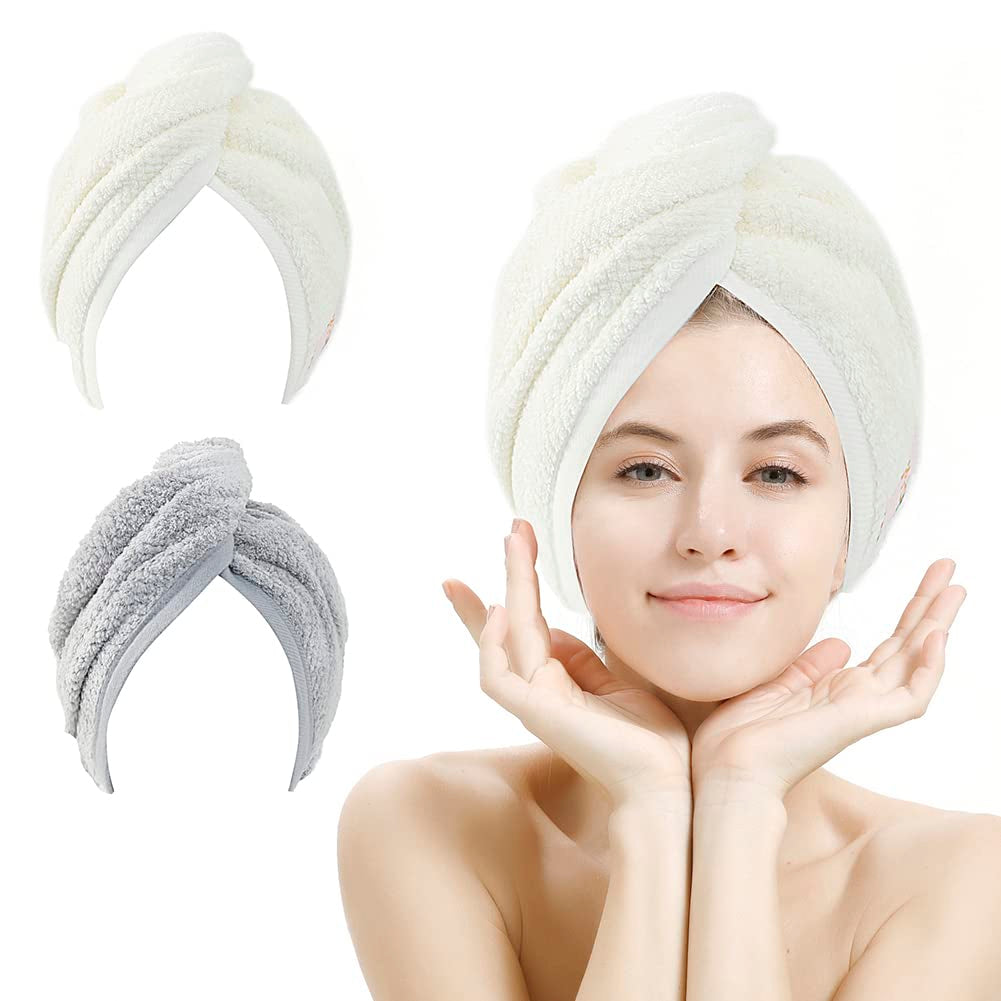 2 Pack Microfiber Hair Towel Wrap,Hair Drying Towel with Button, Towel Turban,Head Towel to Dry Hair Quickly (Pink&Beige)